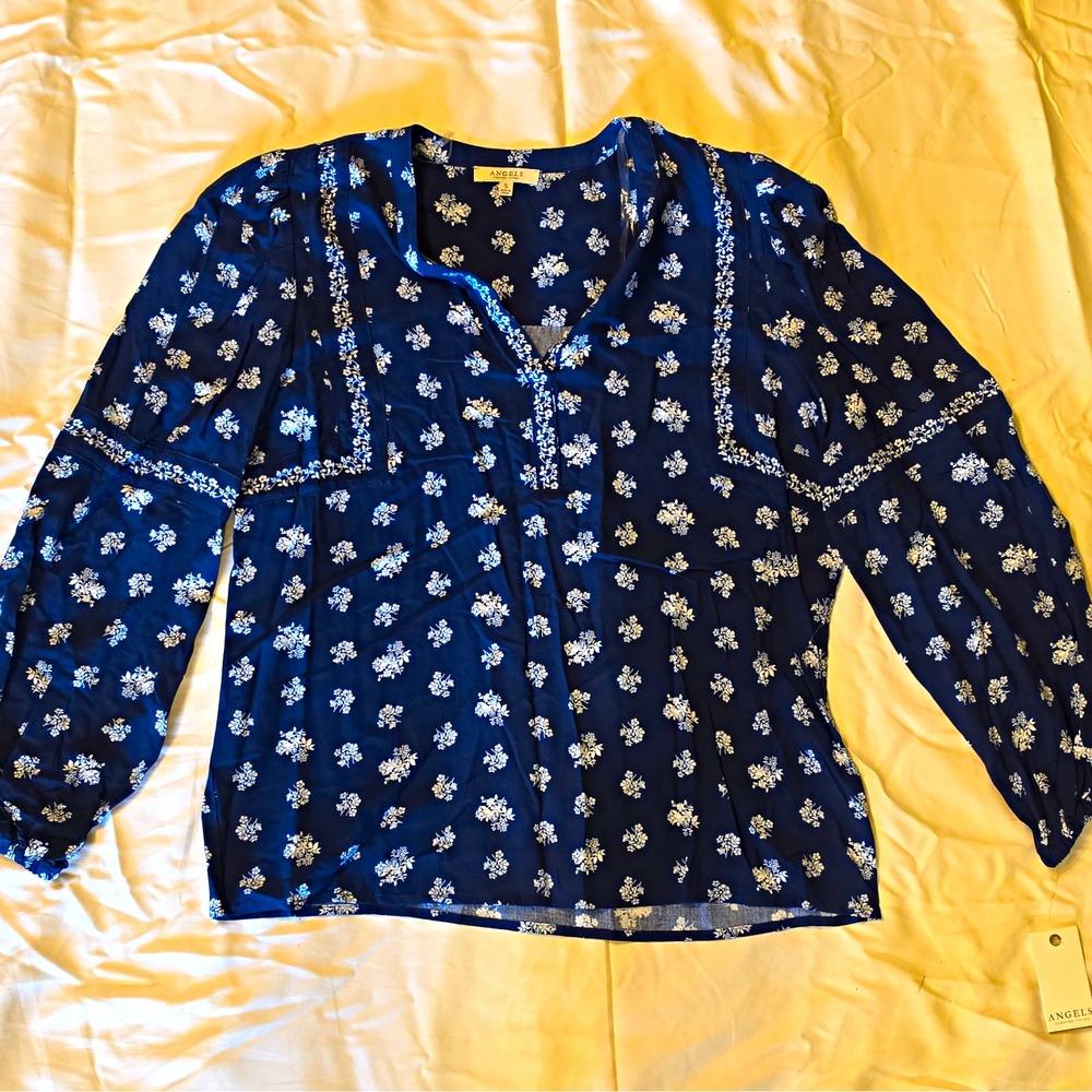 ANGELS Blue White Floral V-Neck Pullover Long Sleeve Blouse Size S #70